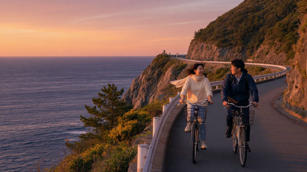 An adult couple riding bicycles along a coastal cliff road at sunset