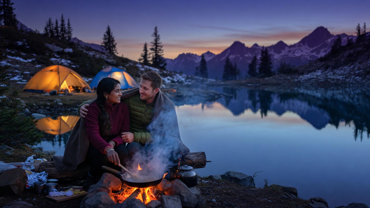 An adult couple cooking over a campfire beside an alpine lake at dusk