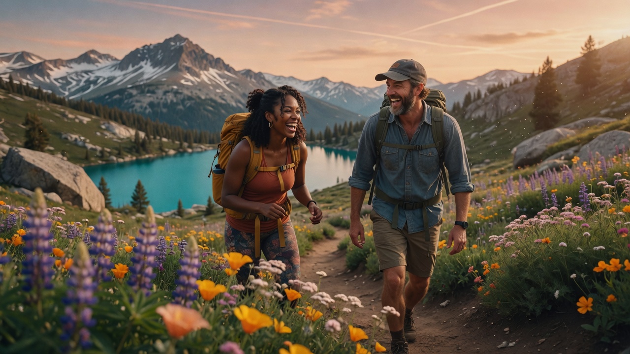 Two adults laughing on a wildflower trail above an alpine lake
