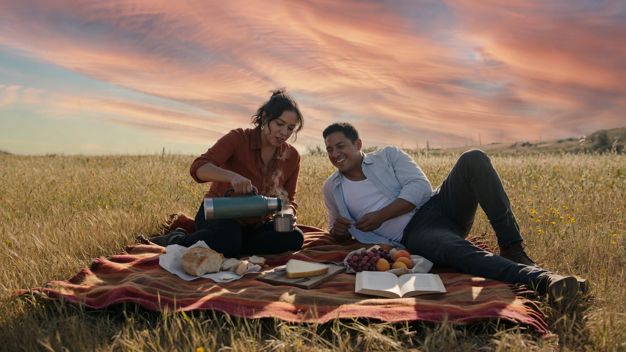 An adult couple having a picnic in a meadow at sunset
